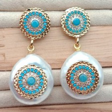 Cultured White Coin Pearl Blue Cz pave Stud Earrings