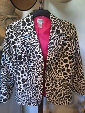 Chico's Black and White Animal Print Blazer sz 1, 3/4 sleeves Hot pink Lining