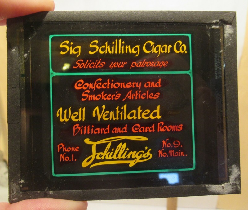 Sig Schilling Cigar Co - Butte, Montana - Color Glass SLIDE - Magic Lantern Ad