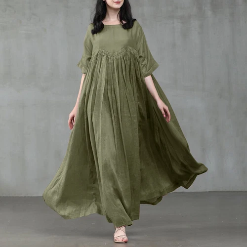 Damen Kurzarm Baumwolle Lockere Taille Party Swing Maxikleid S-5xl - Bild 8 von 28