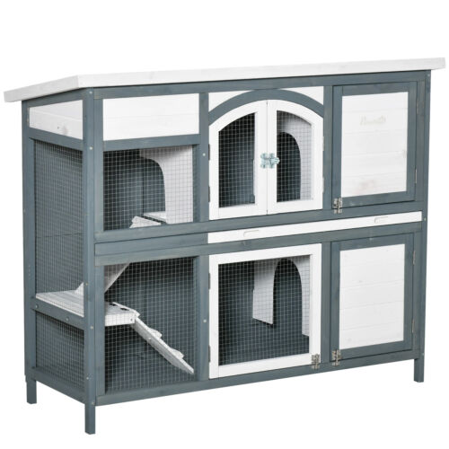 Two-Tier Wooden Rabbit Hutch Guinea Pig Cage w/ Openable Roof Slide-Out Grey