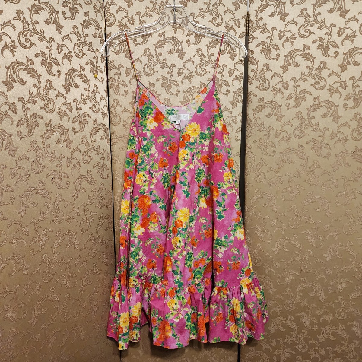 Caroline Constas Hot Pink Orange LAUREL RUFFLED Floral Shift Dress Size  Small