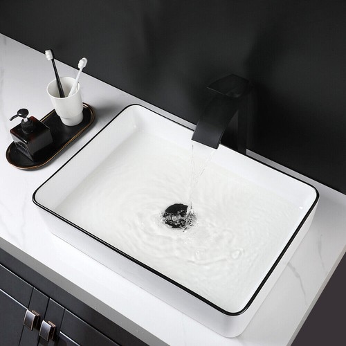 US Ceramic Sink Bathroom White Rectangle Basin Waterfall Deck Mounted Mixer Taps - Picture 9 of 12