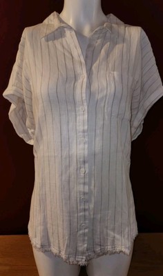 NWT Womens Thread & Supply Short Sleeve Button Up Shirt L Large Pinstripe White