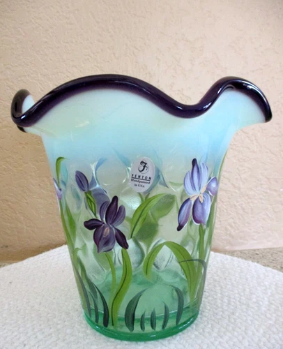 FENTON Art Glass Designer Showcase IRIS VASE Opalsecene Green~Lavender~SIGNED
