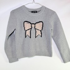 Moon & Stars Girls Gray Knit Sweater Pink Fuzzy Bow Graphic Pullover Size S 7/8