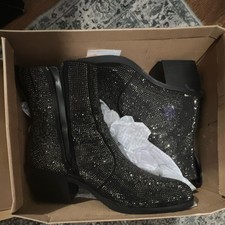 Black Rhinestone Ankle Bootie Block Heel Zip Closure Women's Solid Boots