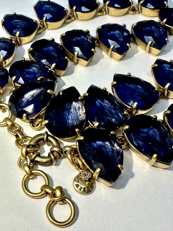 JCrew Runway Statement Necklace Sapphire Blue Teardrop Faceted Crystal Gold Tone - Image 4 of 4