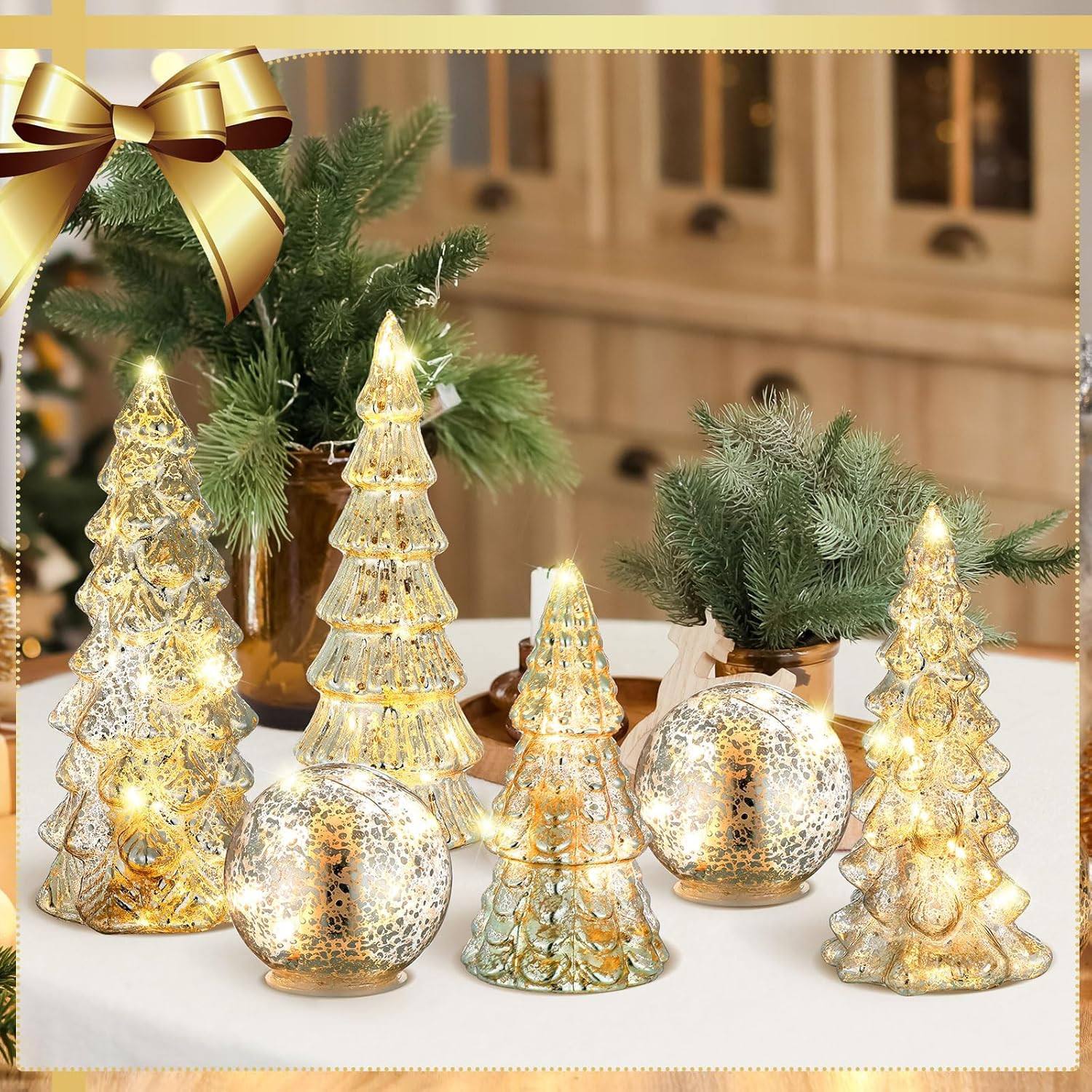 6 Pcs Mercury Glass Christmas Tree for Tabletop Light up Figurine Christmas Tree