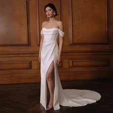 Simple Boho Wedding Dresses Off Shoulder Cap Sleeves Side Slit Satin Bridal Gown