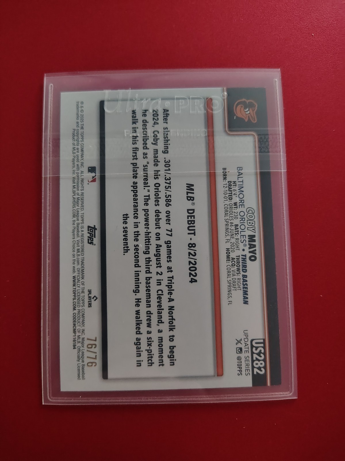 2025 Topps Update Series Rookie Debut Coby Mayo US282 Independence Day 76/76...