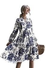 SHEIN Boho White/Blue Floral Dress-Long Sleeves Hi Low Flowy- Size M