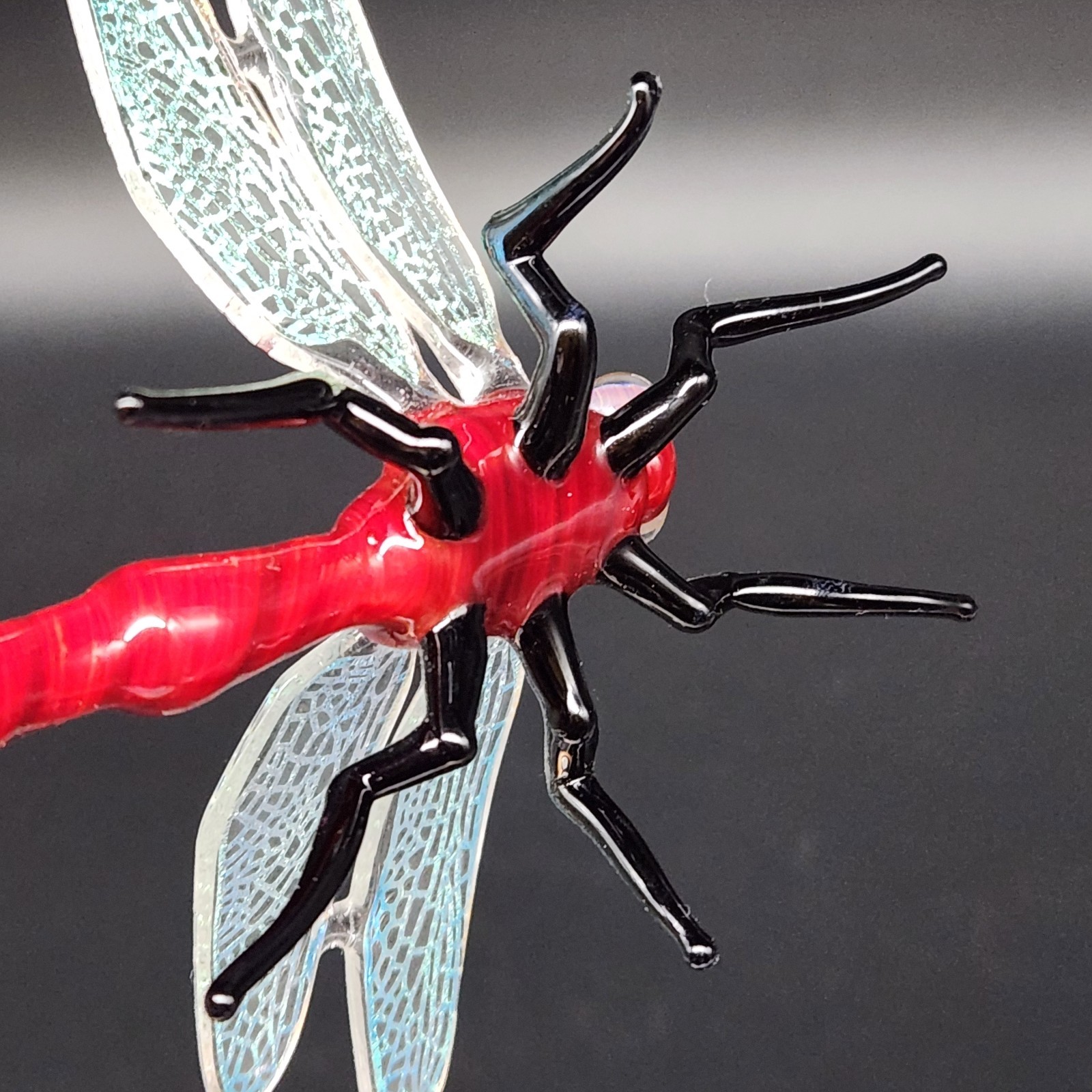 Hand Crafted Glass Dragonfly Red Body Iridescent Wings Millefiori Eyes Lampwork