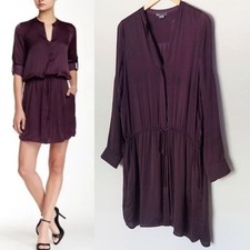 Vince Women's M Grape Plum Silky Satin Mini Dress M Roll Tab Long Sleeves 295
