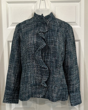Chico's 2 Blue Boucle Ruffle Business Jacket Blazer 90s Y2K Women's L