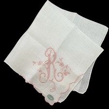 Vintage Madeira Hanky Handkerchief Monogram R Pink with Label