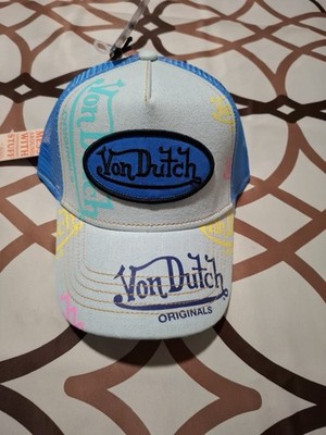 VON DUTCH BLUE & BEIGE TRUCKER HAT MESH BACK ADJUSTABLE LOGO ONE SIZE