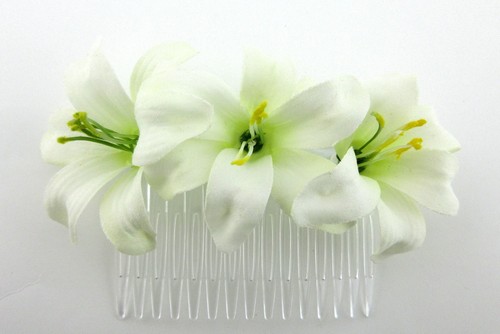 Triple Cream White Lily Silk Flower Hair Comb,Pin up,Updo,Rockabilly,Bridal - Picture 5 of 5