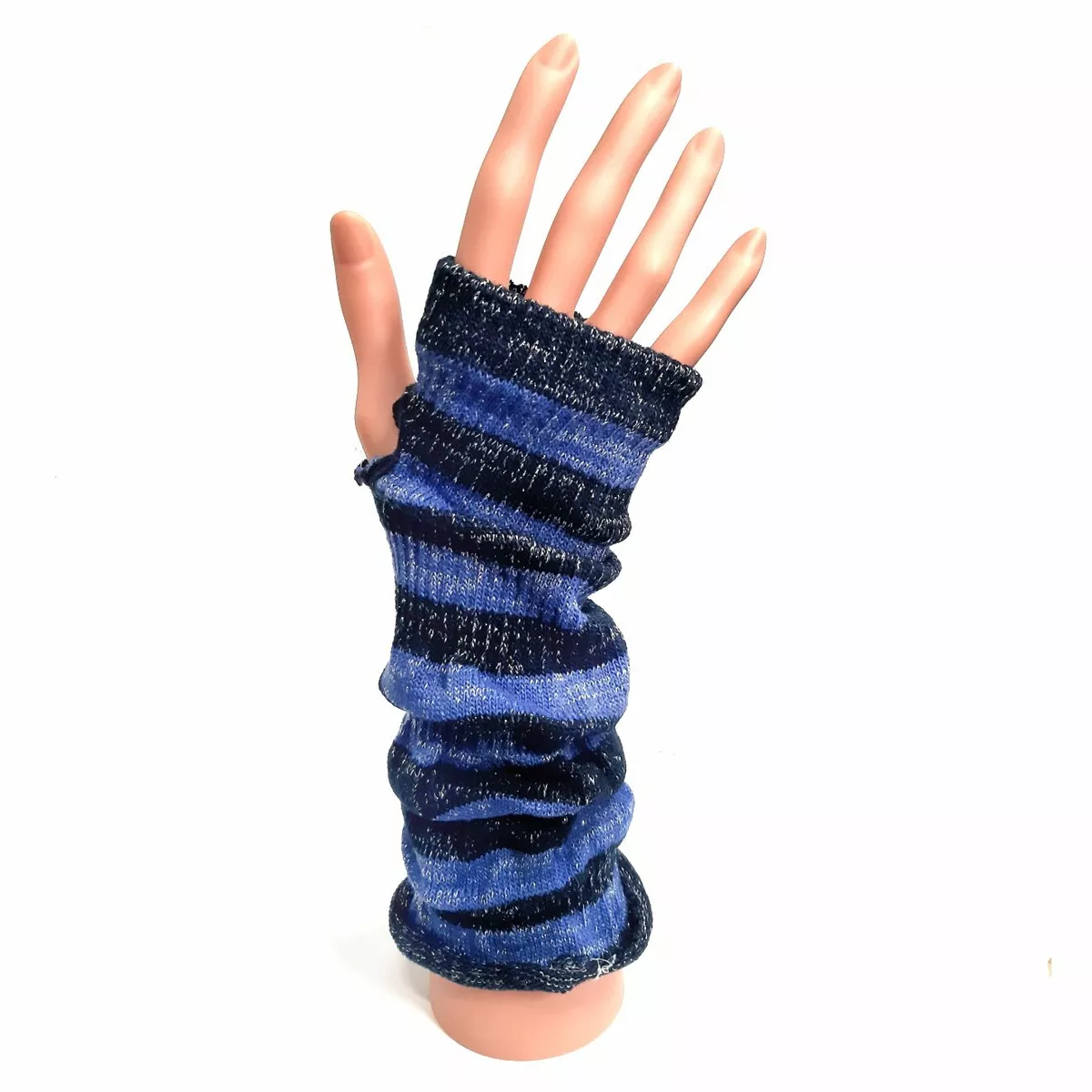 Knitted Long Fingerless Gloves Blue Black Stripe Sparkle Winter Christmas
