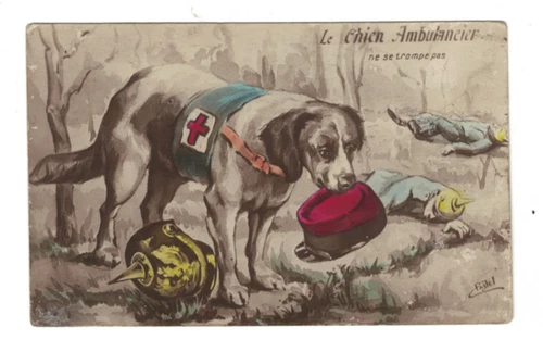 WW 1 - Anti Germany - Rescue dog safes French cap and ignores Germans - Rppc