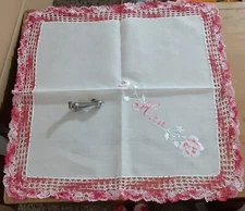 Vgt White Batiste Pink Satins  Name ANN Hankie Handkerchief