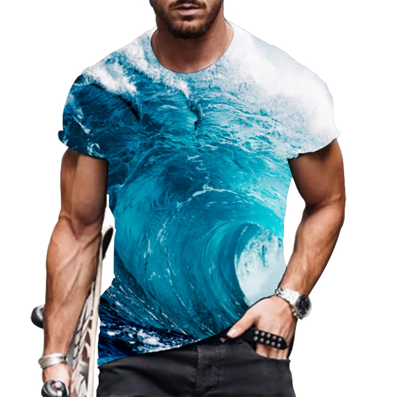 Men T-Shirt Sea Big Wave Graphic Quick Dry Short Sleeve Off White Blue Silky Tee