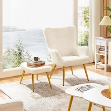 Accent Chair and Ottoman Set, Sherpa Armchair with Golden Metal Legs and High Ba