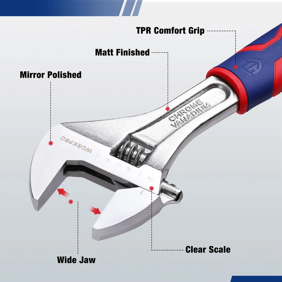 WORKPRO 10inch (250mm) Adjustable Wrench Cr-V Wide Jaw Opening Wrench Metric/SAE - Image 2 of 4