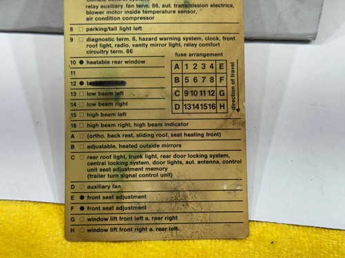 Mercedes 1987 W124 300D under hood fuse designation US OEM 1 Sheet,1245450700KZ - Picture 17 of 22