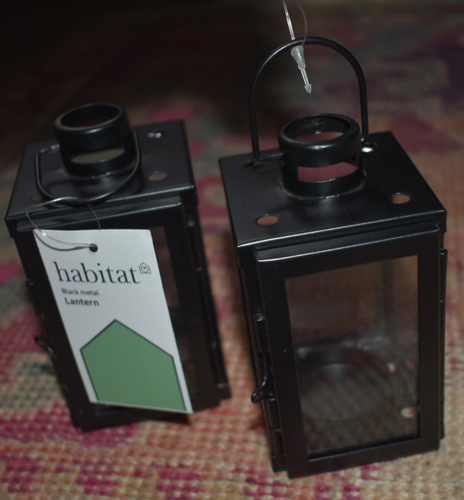NEW Habitat Black Metal Glass Lanterns x 2 Pair Small Tea Light Candle