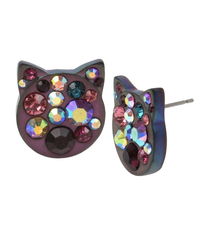 $32 Betsey Johnson Cat face rhinestone Mismatch Color earrings BL