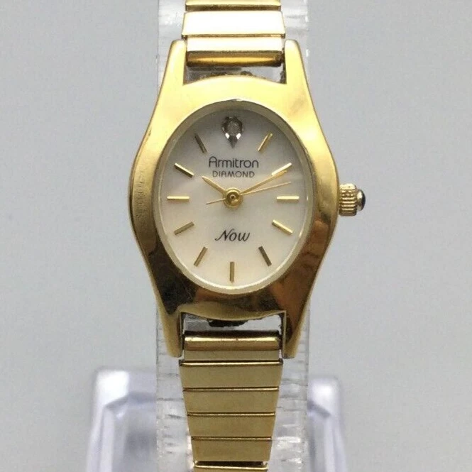 Vtg Armitron Diamond Now Watch Women 19mm Gold Tone MOP Oval  display picture 1
