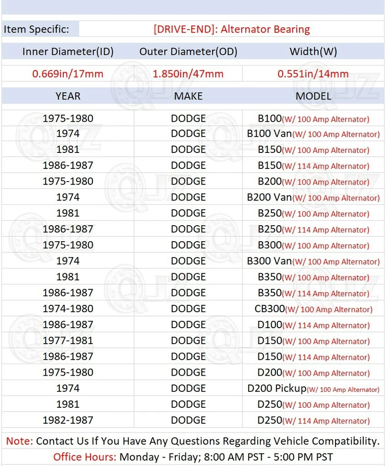 [(Кол-во 1)] Сменный подшипник привода генератора переменного тока для Dodge B100 1975-1980 годов выпуска - Изображение 2 из 4