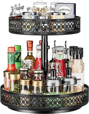 2-Tier Lazy Susan Organizer - 12" Turntable Metal Spice Rack for Countertop