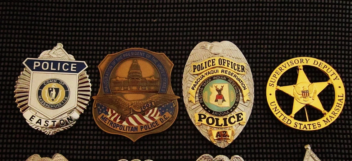 Obsolete police badge, choose 6 x badges / 6 Abzeichen von 8 auswählen, Offer