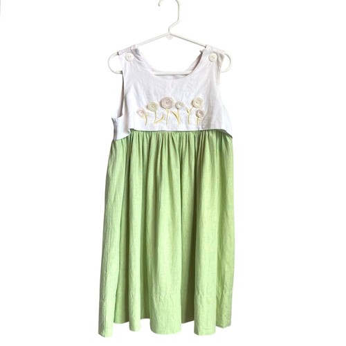 VTG Judy Lynn Linen Pinafore Twirl Dress Girls 6X 3D Shells Embroidered Floral