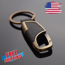 Men's Women's Black Leather Bronze Clip Keychain Car Key Ring Fob Holder