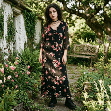 VTG 90s WHIMSIGOTH ROSE MAXI DRESS  ruffles floral 3/4 sleeve rayon vintage y2k