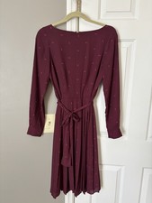 Ann Taylor Burgundy Pink Geometric Belted Boat Neck Long Sleeve Midi Dress 2