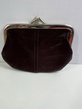 Vintage Brown Leather Kiss Lock Coin Purse Clutch Silver Frame 80s 90s
