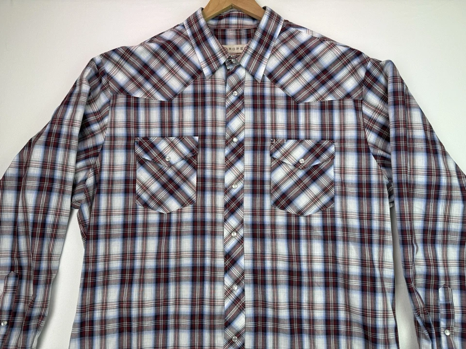 Roper Western Pearl Snap Red White Blue Plaid Long Sleeve Shirt Cowboy Sz 2XLT - Image 2 of 4