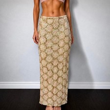 Vintage 90s Champagne Beaded Sequin Embellished Evening Maxi Skirt Size Small