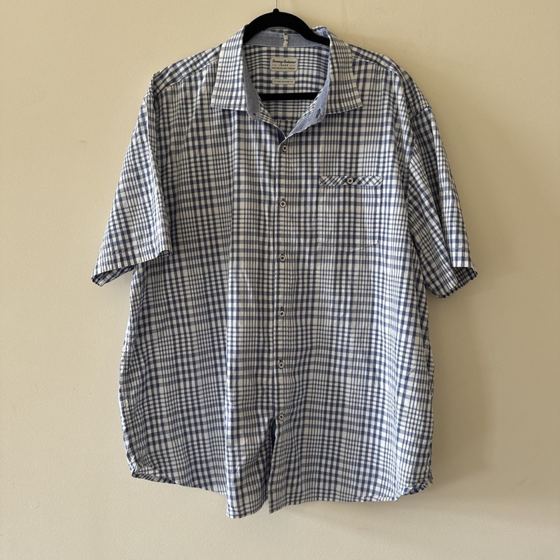 Tommy Bahama Island Modern Fit Shirt Mens XXL 2XL Short Sleeve Blue White Plaid