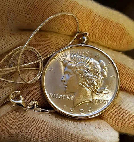 1924  UNC PEACE SILVER DOLLAR COIN .925 STERLING 20 INCH NECKLACE CHRISTMAS GIFT