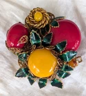 Vintage MIRIAM HASKELL Gold Tone FLORAL Glass & Enamel Brooch Horseshoe Hallmark