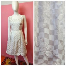 XS Vintage 1950's 1960's White Checker Print Brocade Fit  Flare Cocktail Dress