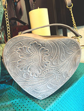 Authentic leather, Gray Heart-Shaped Floral E...