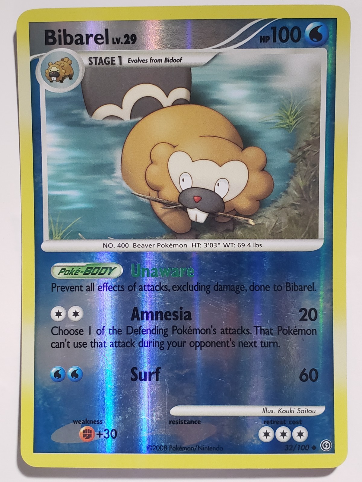 REVERSE HOLO Bibarel 32/100 LP / VLP Stormfront Pokemon Card - Kouki Saitou Art