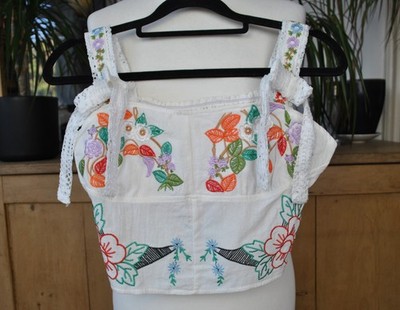 Beige bestickt Blumen Cropped Korsett Top XXS Romantisch Boho Festival