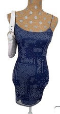 Forever 21 Blue Y2K Paisley Mini Bodycon Dress Medium Baddie Bandana Mesh Mcblin